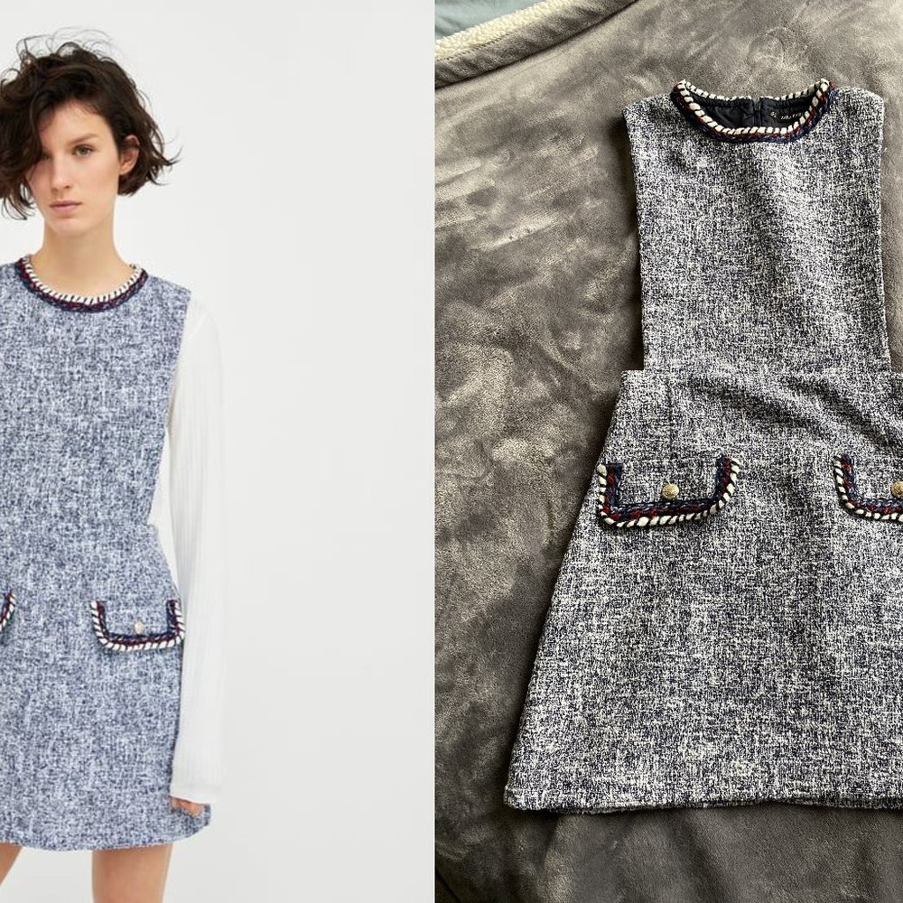 Zara Flecked Tweed Dress in White and Navy Size S